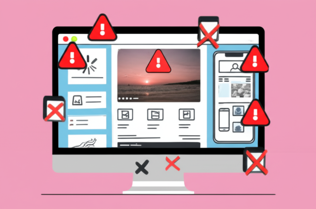 Website with red warning signs over problem areas like slow loading and broken mobile view.